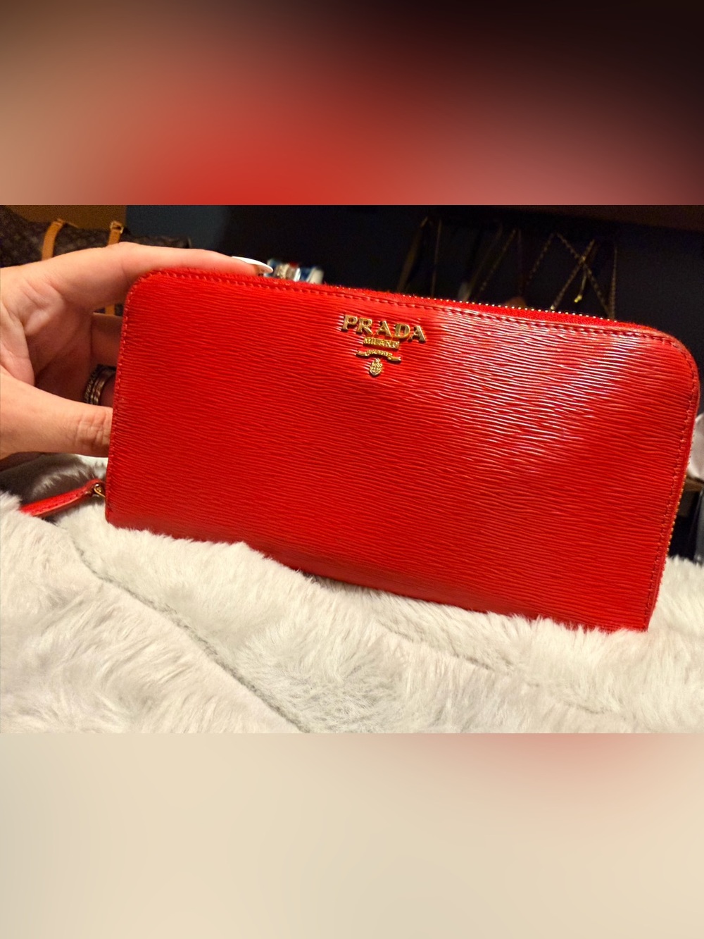 Prada Red Vitello Move Leather Zip Wallet with Gold Logo